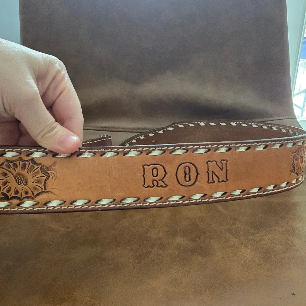 Vintage Ron Personalized Hand Tooled Leather Western Belt Floral Whipstitch 38